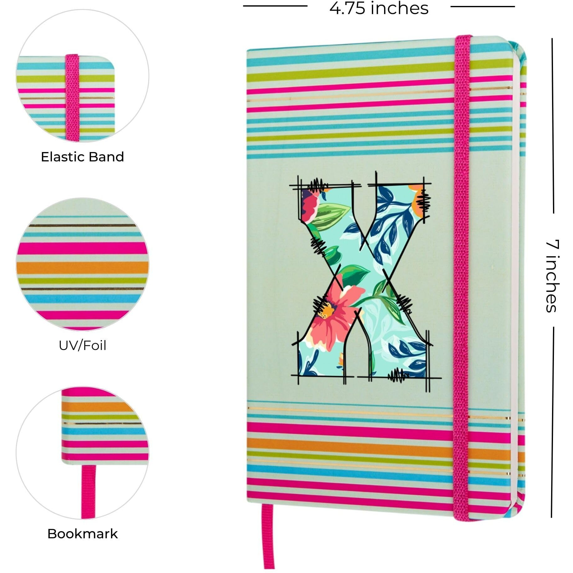 DOODLE Initial X Stripes Theme Premium Hard Bound B6 Notebook Diary|192 Ruled Pages(144 ruled + 48 blank)|4.75 * 7 Inches, 80 GSM Paper, Coloured Elastic Band, Coloured Ribbon