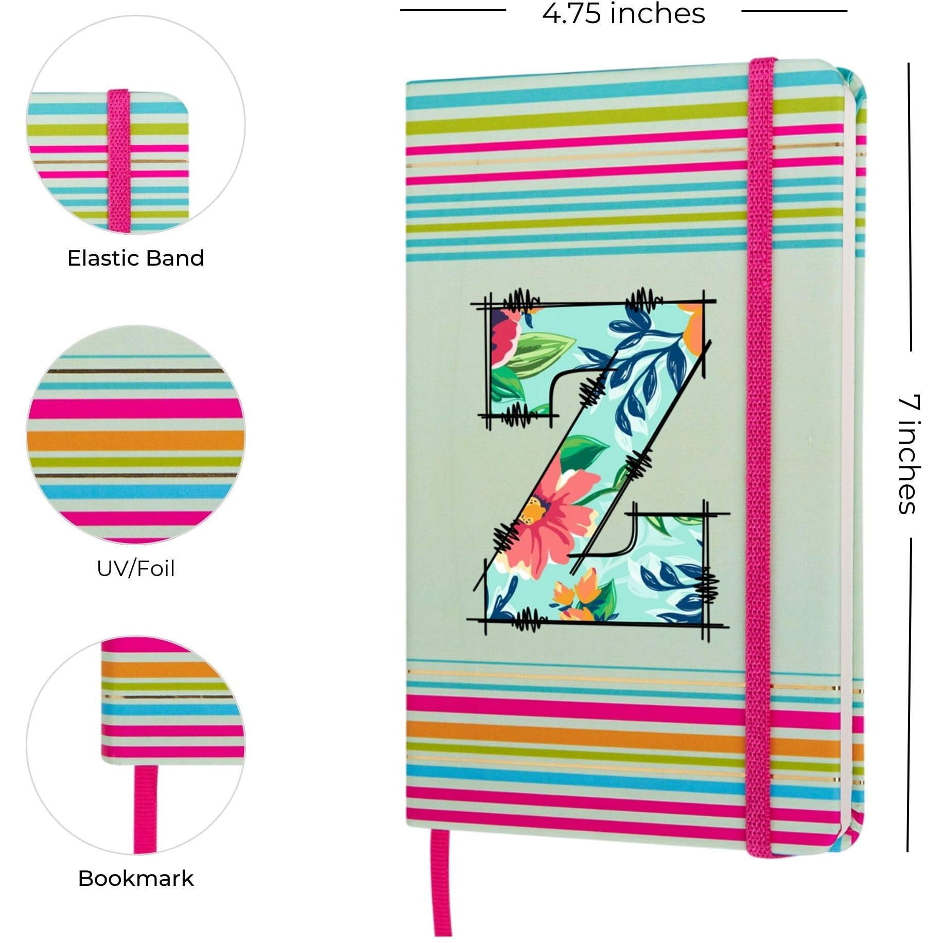 DOODLE Initial Z Stripes Theme Premium Hard Bound B6 Notebook Diary|192 Ruled Pages(144 ruled + 48 blank)|4.75 * 7 Inches, 80 GSM Paper, Coloured Elastic Band, Coloured Ribbon