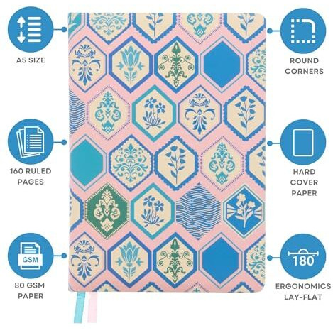 DOODLE Hard Bound Soft Foam Padded Hard Cover Paper Notebook | Compact A5 Size (8.25 x 5.7) | 160 Pages, 80 gsm | Flat Opening | Round Corners | Soft Foam Padding | 2 Bookmark Ribbons - Heritage Hues