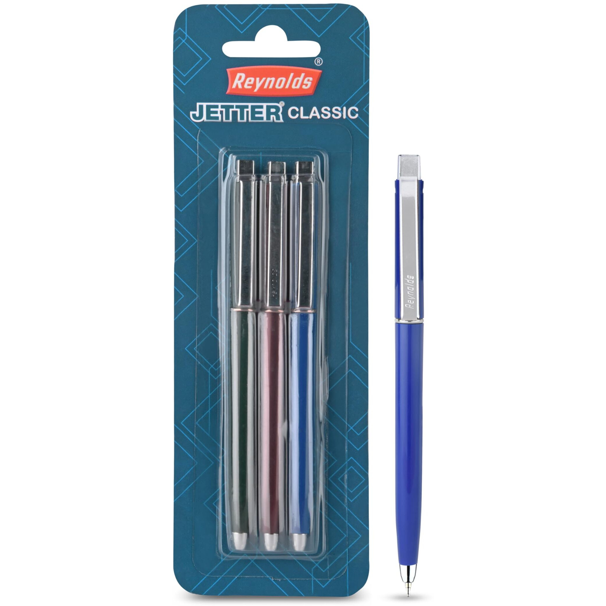 Reynolds JETTER CLASSIC Ball Pen SET - 3 PENS BLUE | MULTI BODY COLOR BALL PEN WITH COMFORTABLE GRIP |BLUE BALL PENS FOR WRITING | PEN FOR PROFESSIONALS | 0.7 mm TIP SIZE