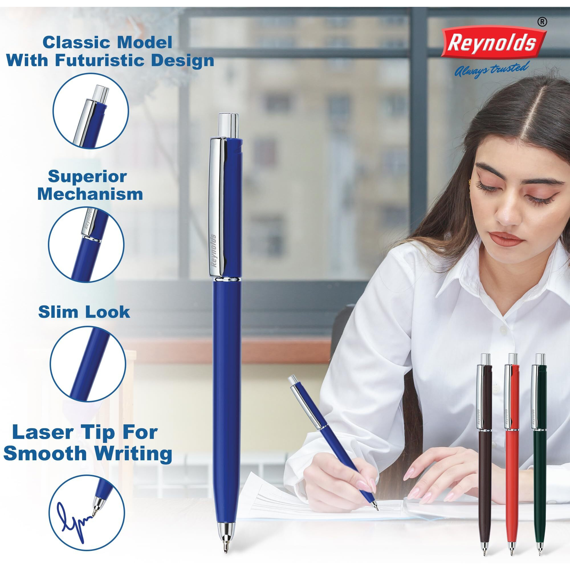Reynolds JETTER CLASSIC Ball Pen SET - 3 PENS BLUE | MULTI BODY COLOR BALL PEN WITH COMFORTABLE GRIP |BLUE BALL PENS FOR WRITING | PEN FOR PROFESSIONALS | 0.7 mm TIP SIZE
