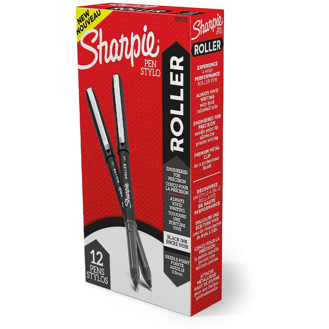 SHARPIE Black Roller Ball Pen |Smudge Proof Ideal for Regular Office Usage |Stationery Items | Needle Point (0.5mm) |Pack of 12