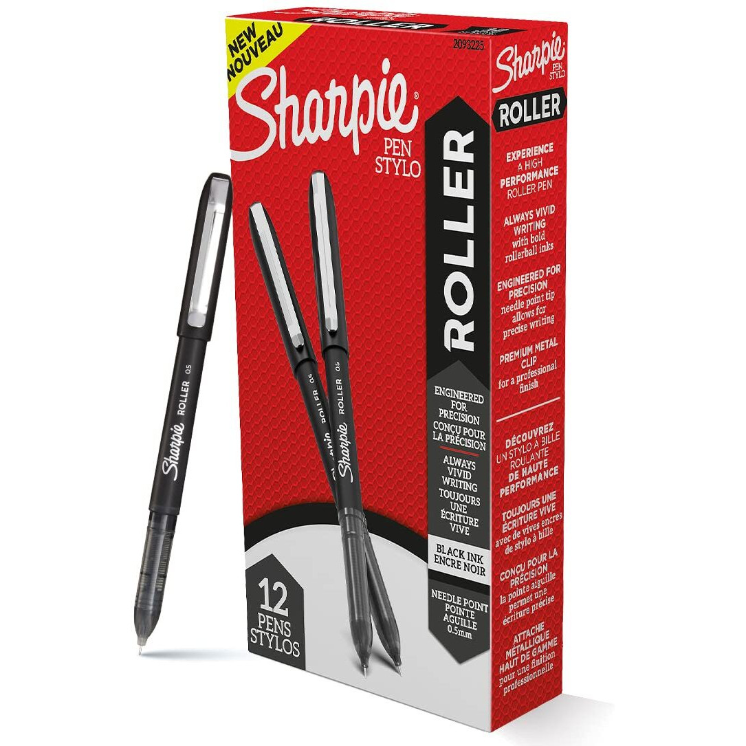 SHARPIE Black Roller Ball Pen |Smudge Proof Ideal for Regular Office Usage |Stationery Items | Needle Point (0.5mm) |Pack of 12