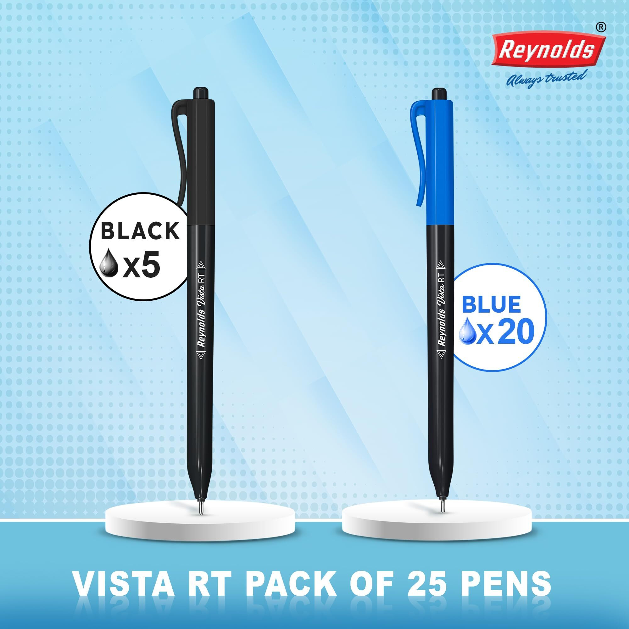 Reynolds VSITA Ball Pen SET - 25 PENS (20 BLUE 5 Black) | PENS WITH COMFORTABLE GRIP | BALL PENS FOR WRITING | PEN FOR STUDENTS & OFFICE STATIONERY | 0.7 mm TIP SIZE