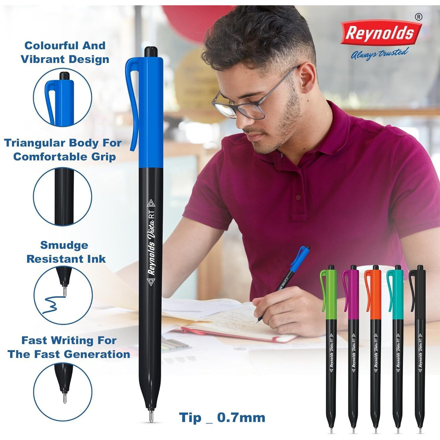 Reynolds VSITA Ball Pen SET - 25 PENS (20 BLUE 5 Black) | PENS WITH COMFORTABLE GRIP | BALL PENS FOR WRITING | PEN FOR STUDENTS & OFFICE STATIONERY | 0.7 mm TIP SIZE