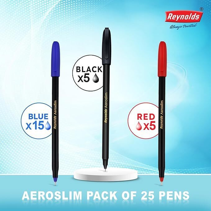 Reynolds AEROSLIM Ball Pen SET - 25 PENS (15 BLUE, 5 Black, 5 Red) | PENS WITH COMFORTABLE GRIP |BALL PENS FOR WRITING | PEN FOR STUDENTS & OFFICE STATIONERY | 0.7 mm TIP SIZE
