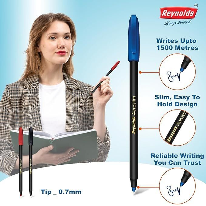 Reynolds AEROSLIM Ball Pen SET - 25 PENS (15 BLUE, 5 Black, 5 Red) | PENS WITH COMFORTABLE GRIP |BALL PENS FOR WRITING | PEN FOR STUDENTS & OFFICE STATIONERY | 0.7 mm TIP SIZE