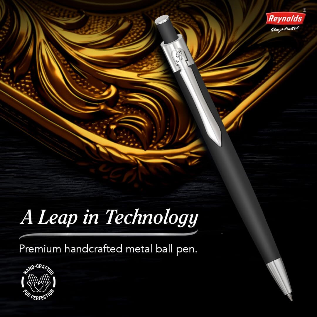 Reynolds Metal Pens (Iconic Onyx) | Premium Pens For Gifting | Retractable Pens For Personal & Professional Use | Stylish Gifts for Men & Women | Trim Ball Pens For Corporate Gifting | Blue Ink