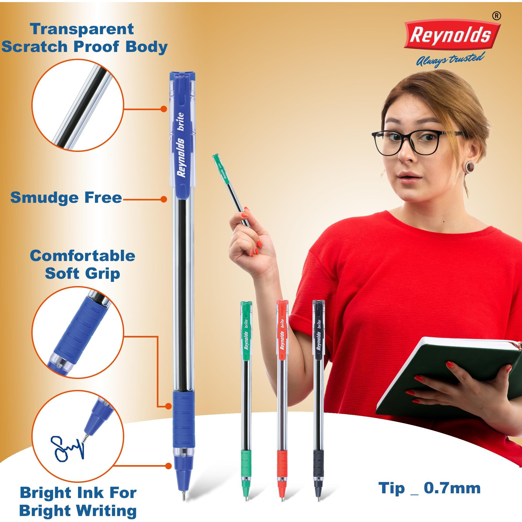 Reynolds BRITE 15CT BLUE I Lightweight Ball Pen With Comfortable Grip for Extra Smooth Writing I School and Office Stationery | 0.7mm Tip Size