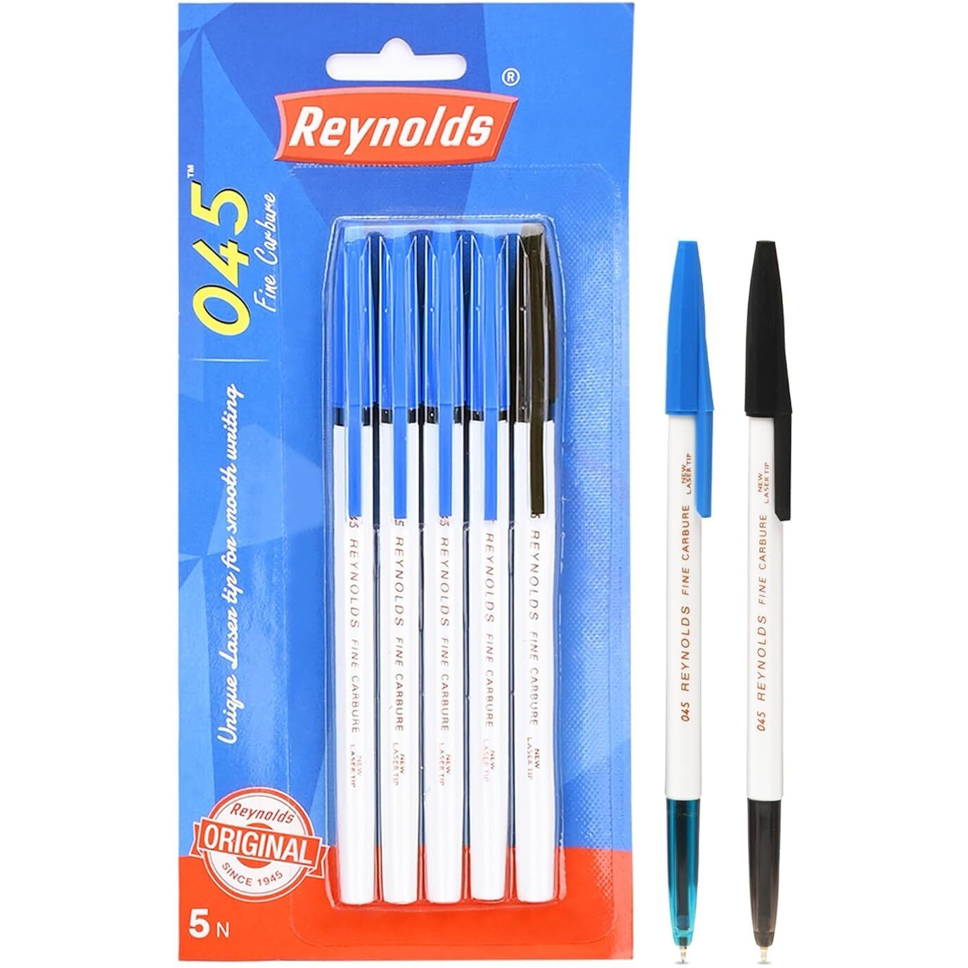 Reynolds 045 Ball Pen SET - 5 PENS (4 Blue 1 Black) | PENS WITH COMFORTABLE GRIP | BALL PENS FOR WRITING | PEN FOR STUDENTS & OFFICE STATIONERY | 0.7 mm TIP SIZE