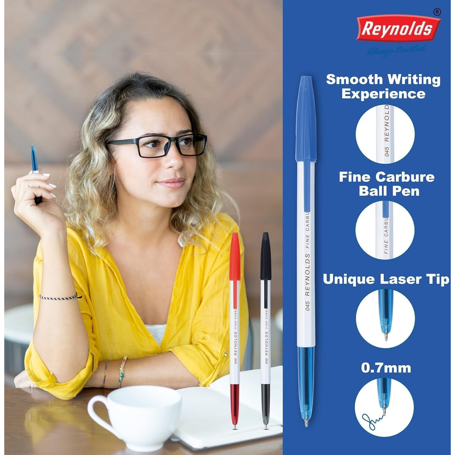 Reynolds 045 Ball Pen SET - 5 PENS (4 Blue 1 Black) | PENS WITH COMFORTABLE GRIP | BALL PENS FOR WRITING | PEN FOR STUDENTS & OFFICE STATIONERY | 0.7 mm TIP SIZE