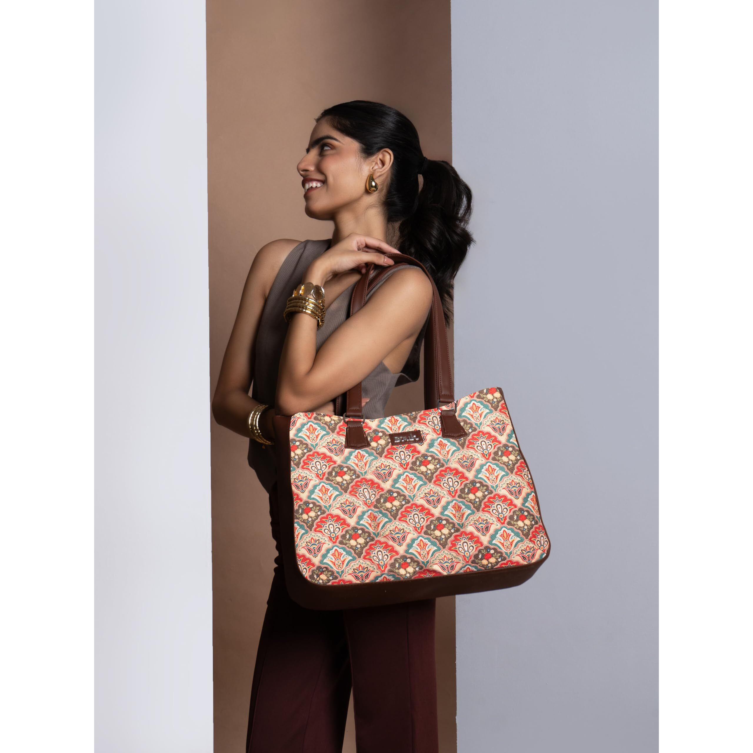 ZOUK Mughal Art Multicolor Getaway Handbag | Jute | Vegan Leather Handcrafted Tote Bag | Multicolor