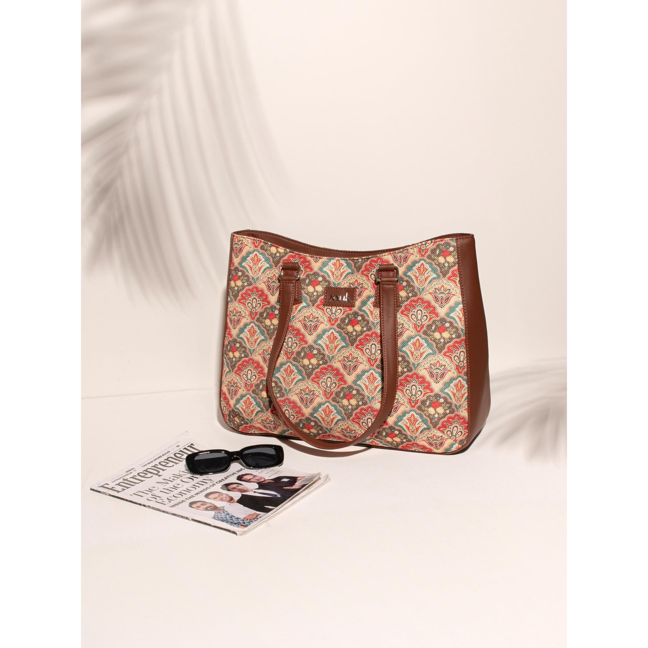 ZOUK Mughal Art Multicolor Getaway Handbag | Jute | Vegan Leather Handcrafted Tote Bag | Multicolor