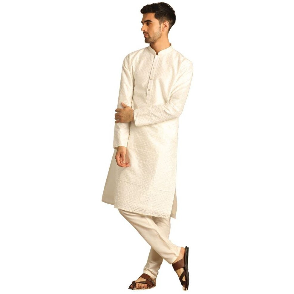 Manyavar Men's Crisp White Kurta Pajama (Warm White,M)