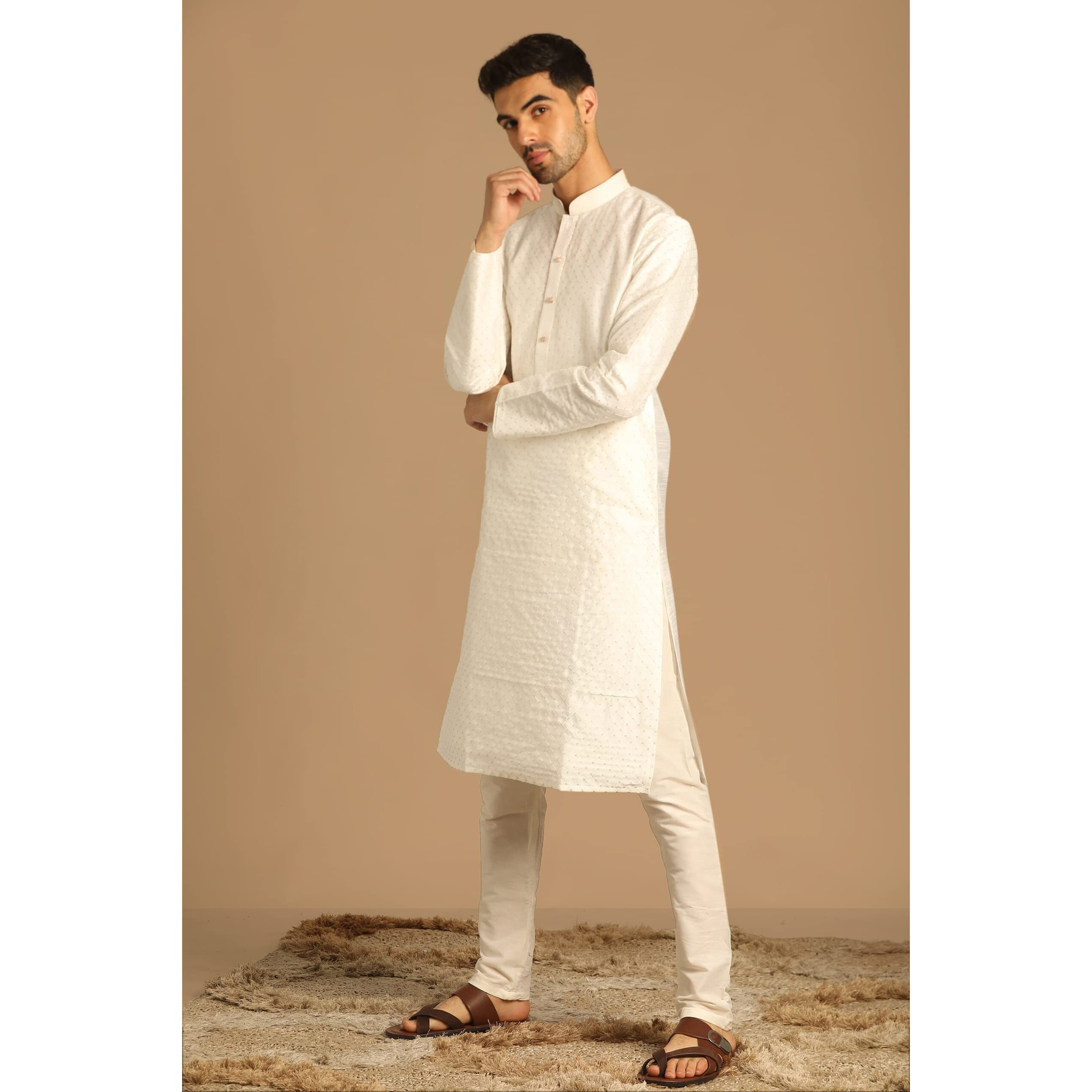 Manyavar Men's Crisp White Kurta Pajama (Warm White,M)