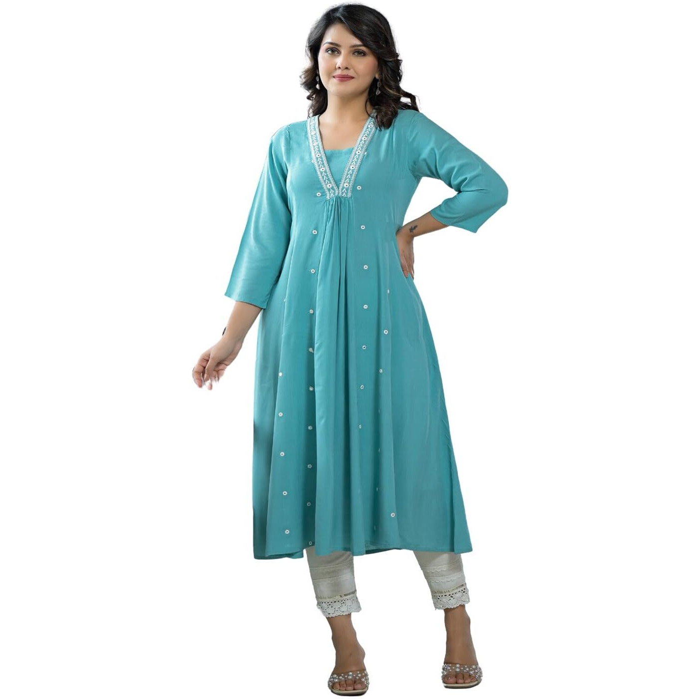 Juniper Sky Blue Thread Embroidered Liva Rayon Kurta with Mirror Work