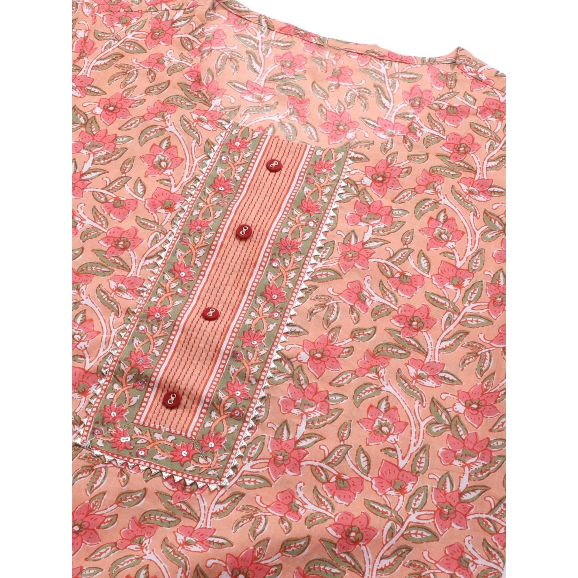 Vaamsi Women's Floral Printed Straight Kurta Pant With Dupatta Set (VKSKD1043E_Peach_XXL)