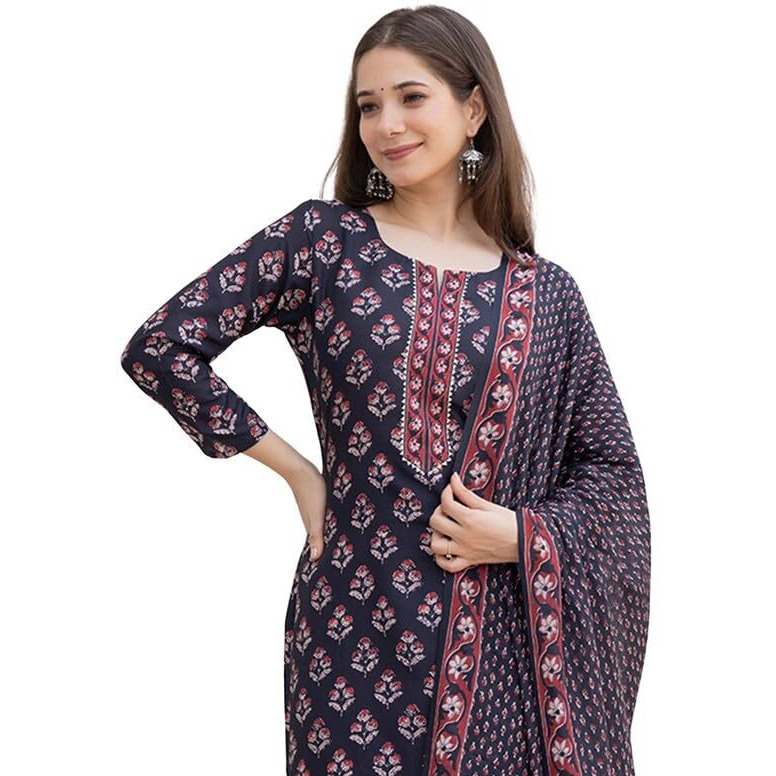 Vaamsi Women's Floral Straight Printed Kurta Pant With Dupatta Set (VKSKD2271_M_Black)