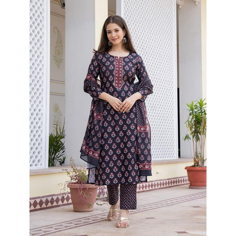 Vaamsi Women's Floral Straight Printed Kurta Pant With Dupatta Set (VKSKD2271_M_Black)