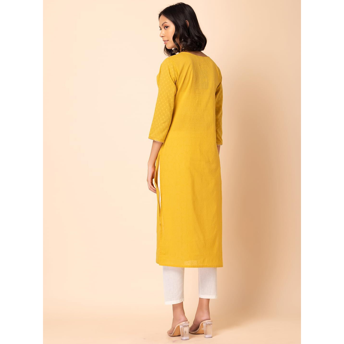 Indya Women's Cotton Embellished Regular Kurtas (RTN00698_Yellow_XL)