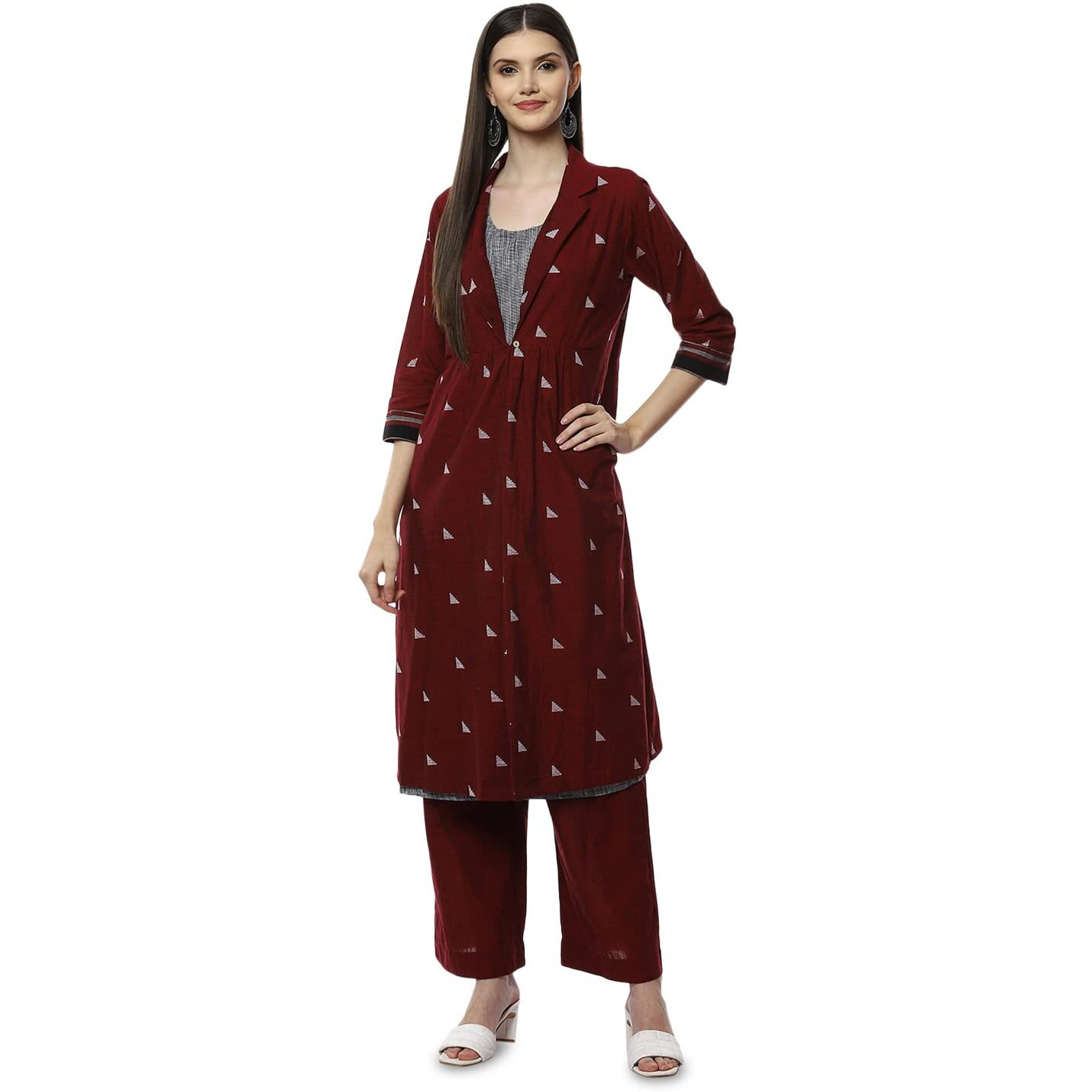 BIBA Women YARNDYED Relaxed Mix and Match(Work VOG1635_Maroon/Gray_36)