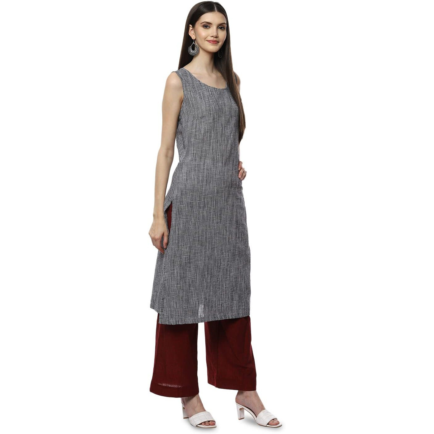 BIBA Women YARNDYED Relaxed Mix and Match(Work VOG1635_Maroon/Gray_36)