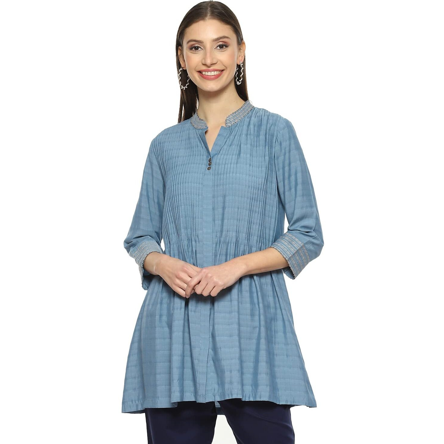 BIBA Women Yarndyed A Line Kurti(WORKVOG18919_Blue_XL)