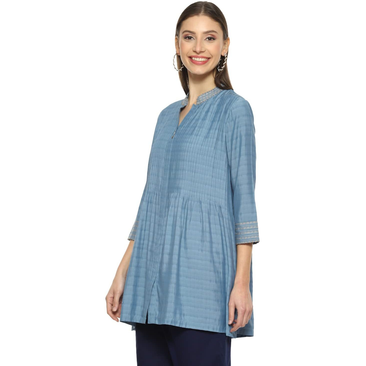 BIBA Women Yarndyed A Line Kurti(WORKVOG18919_Blue_XL)