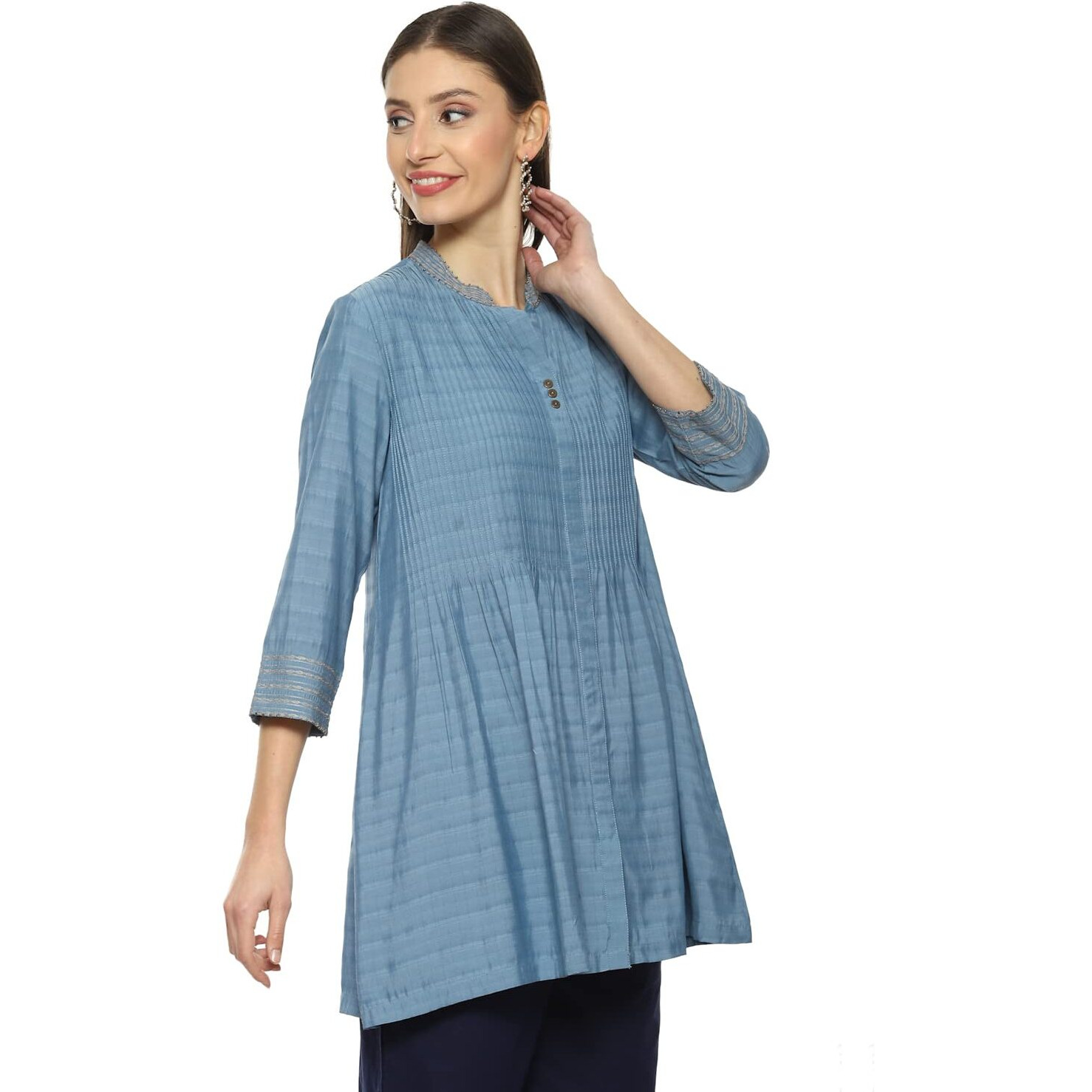 BIBA Women Yarndyed A Line Kurti(WORKVOG18919_Blue_XL)
