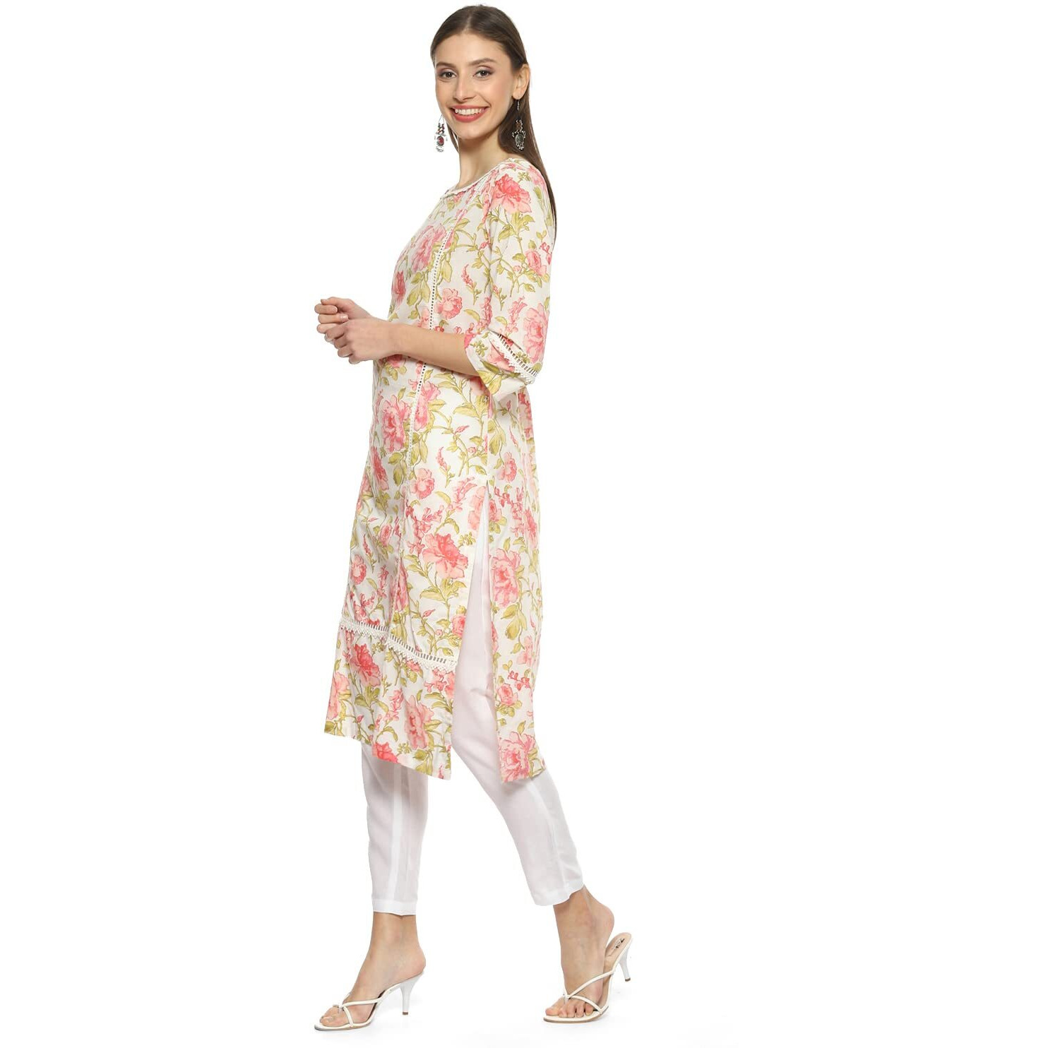BIBA Women Cotton Printed Straight Mix and Match Kurta (Roses An19175_Off White_40)