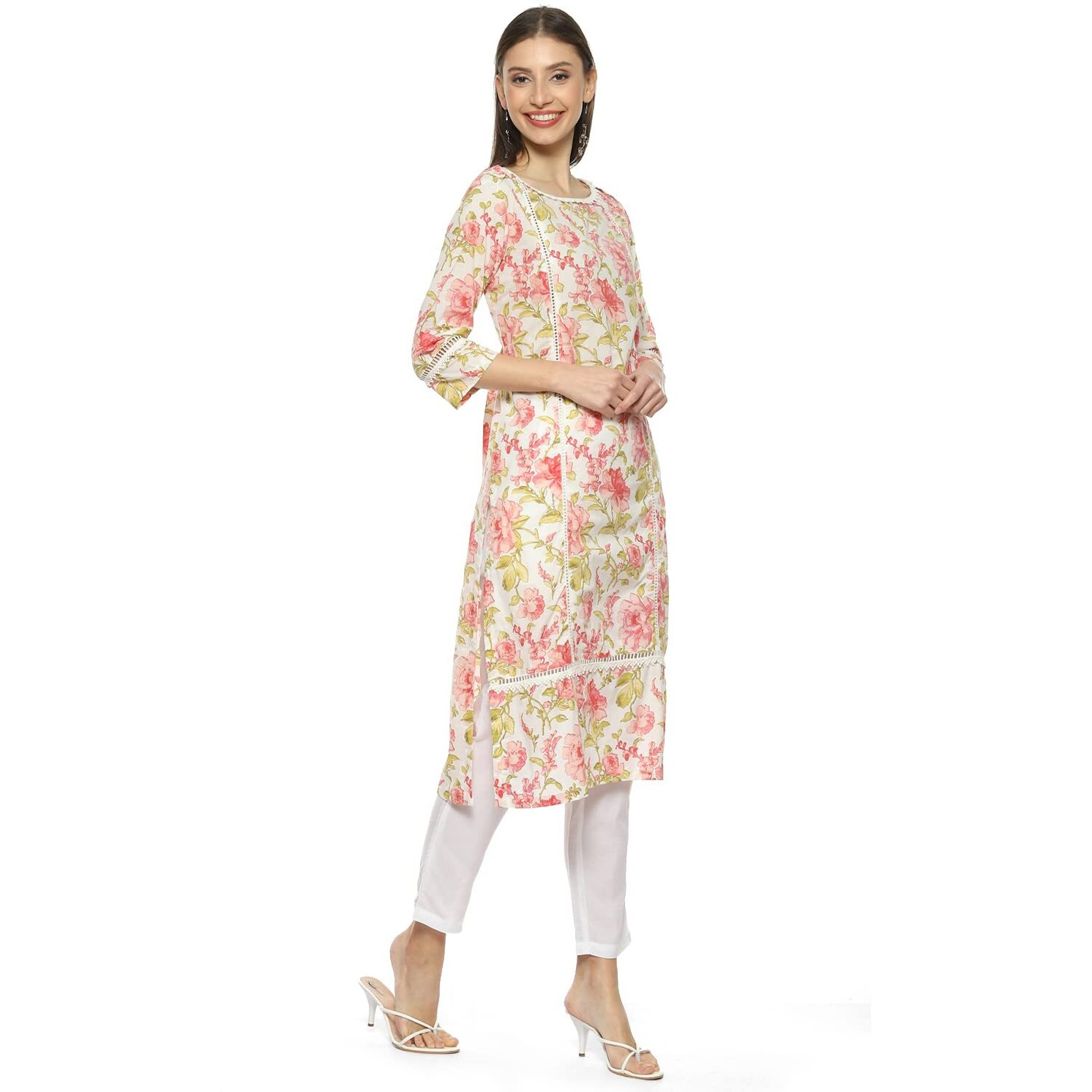 BIBA Women Cotton Printed Straight Mix and Match Kurta (Roses An19175_Off White_40)