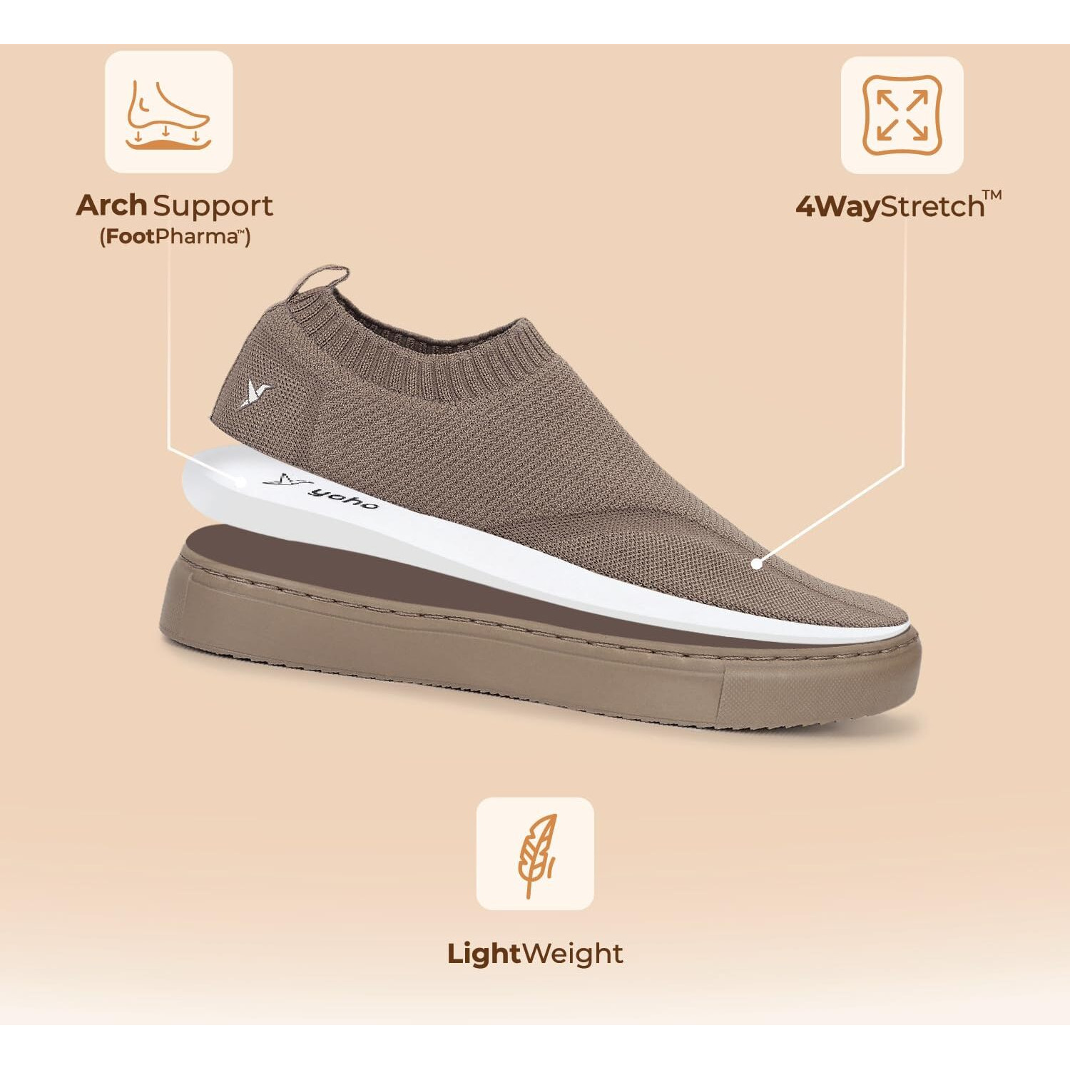 YOHO FreeStep Spacious and Casual Slip on Shoes | Comfortable for Long Hours of Walking | Outperforms Memory Foam | Arch Support Insole | Brown - UK 8