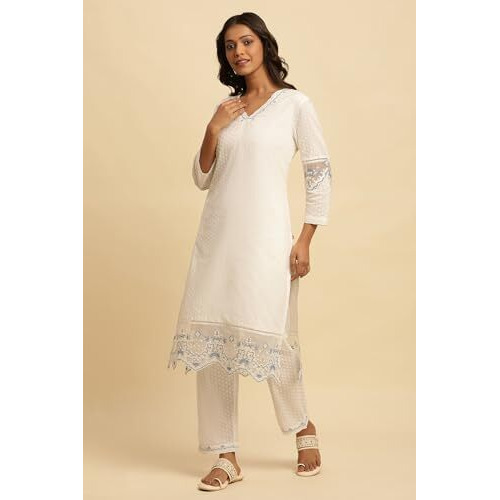 W Women White Solid Cotton Co-Ord Kurta Set, Straight Pant & Dupatta_24FEWS10512-221213_3XL