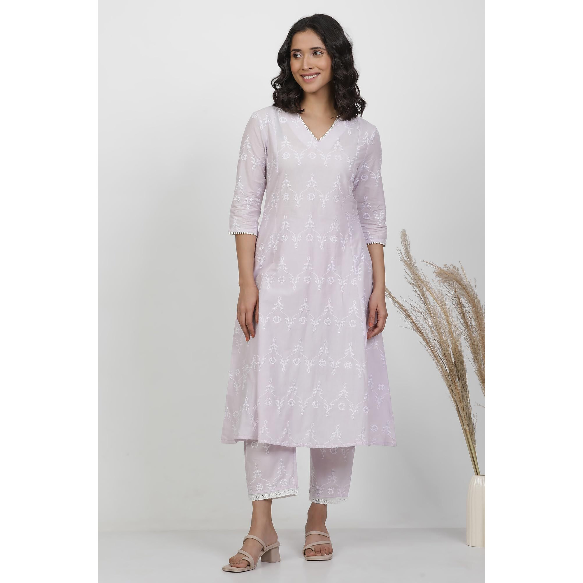 W for Woman Purple Floral Print Cotton Flarred Kurta_24FEW11141-400371_L