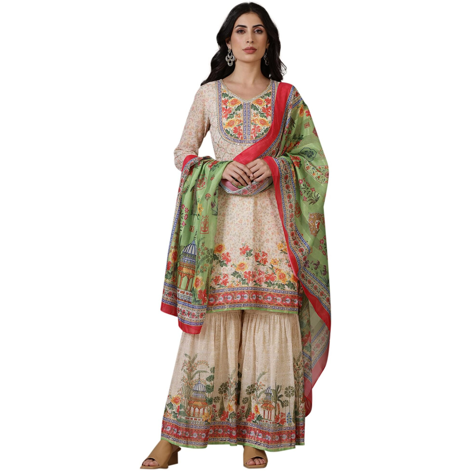 Aurelia Beige Floral Printed Mirrir Work Short Kurta and Sharara Set with Dupatta (Size XL)-24AUAS15475-508371