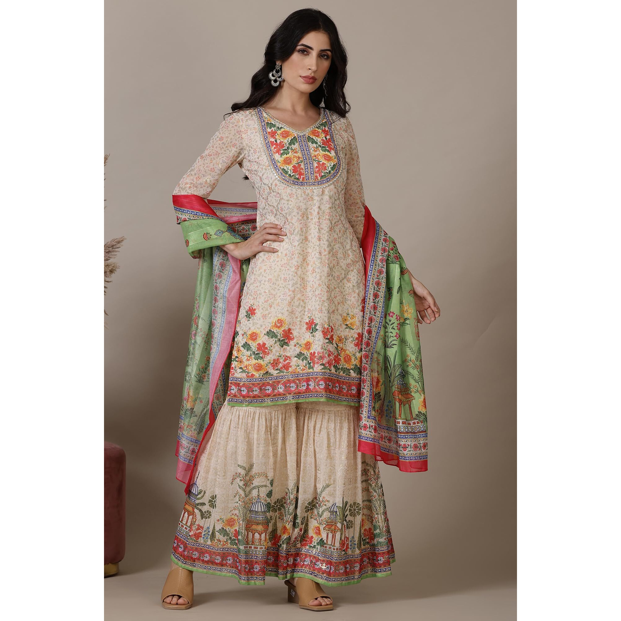 Aurelia Beige Floral Printed Mirrir Work Short Kurta and Sharara Set with Dupatta (Size XL)-24AUAS15475-508371