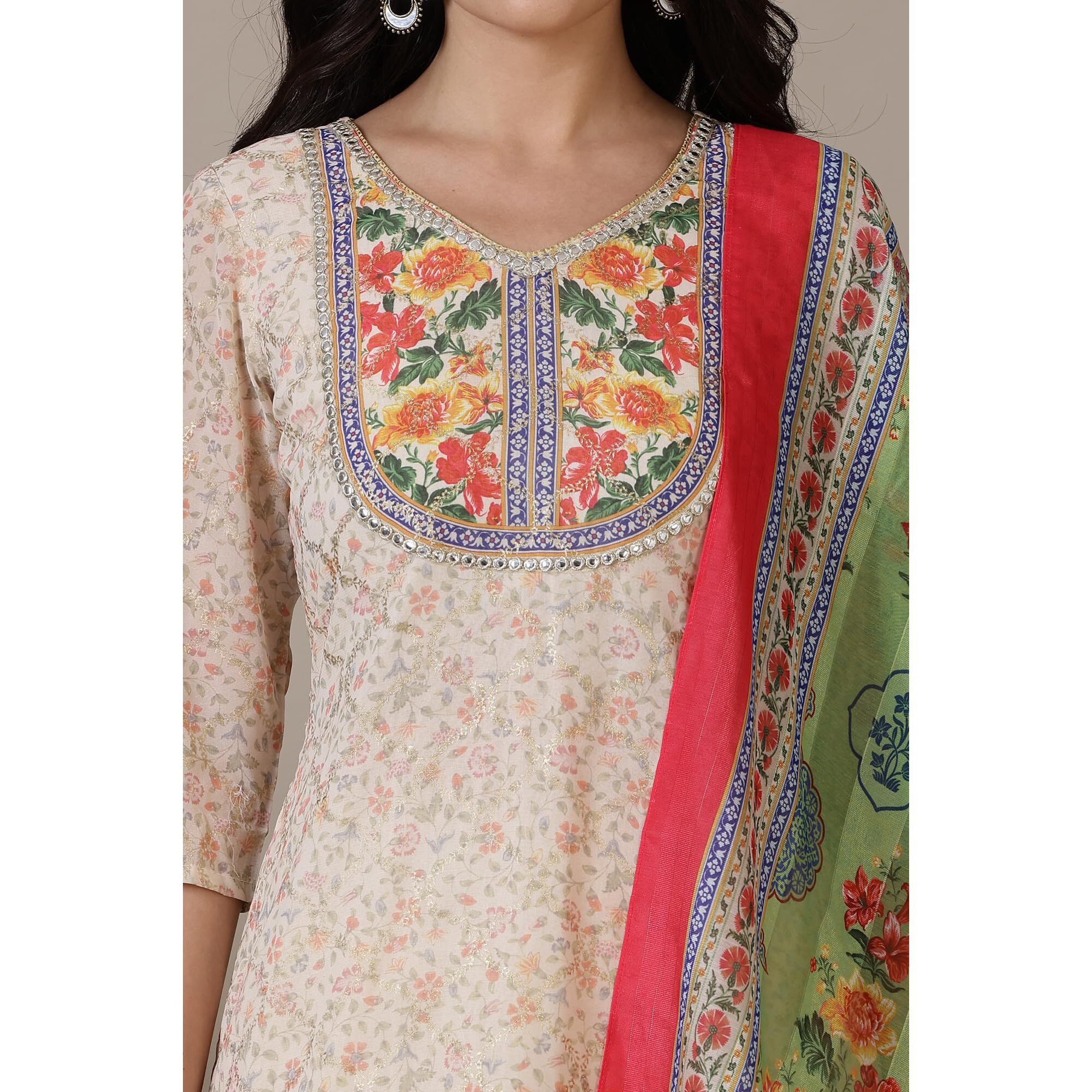 Aurelia Beige Floral Printed Mirrir Work Short Kurta and Sharara Set with Dupatta (Size XL)-24AUAS15475-508371