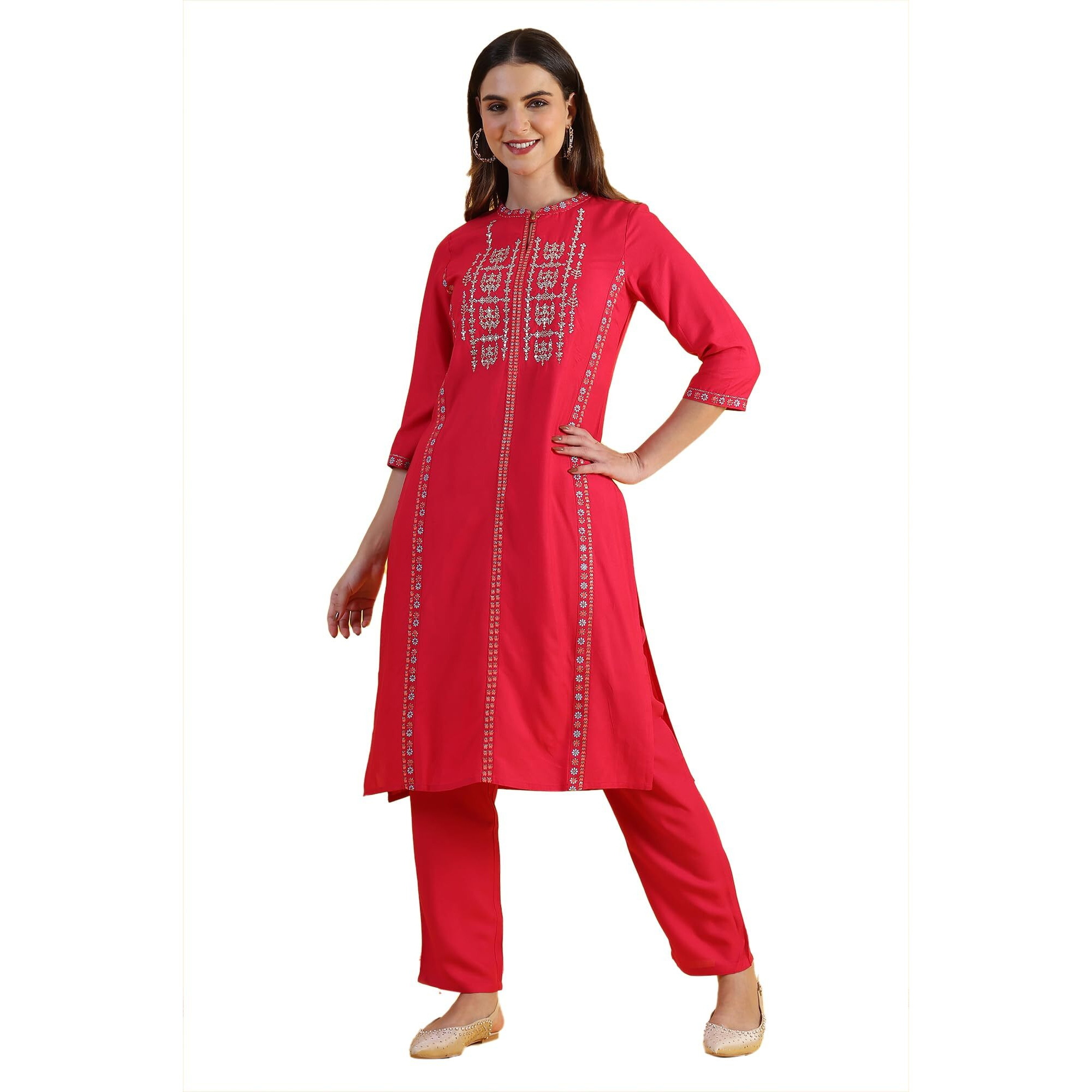 W for Woman Pink Glitter Printed Embroidered Straight Kurta (Size S)-W12307-117183