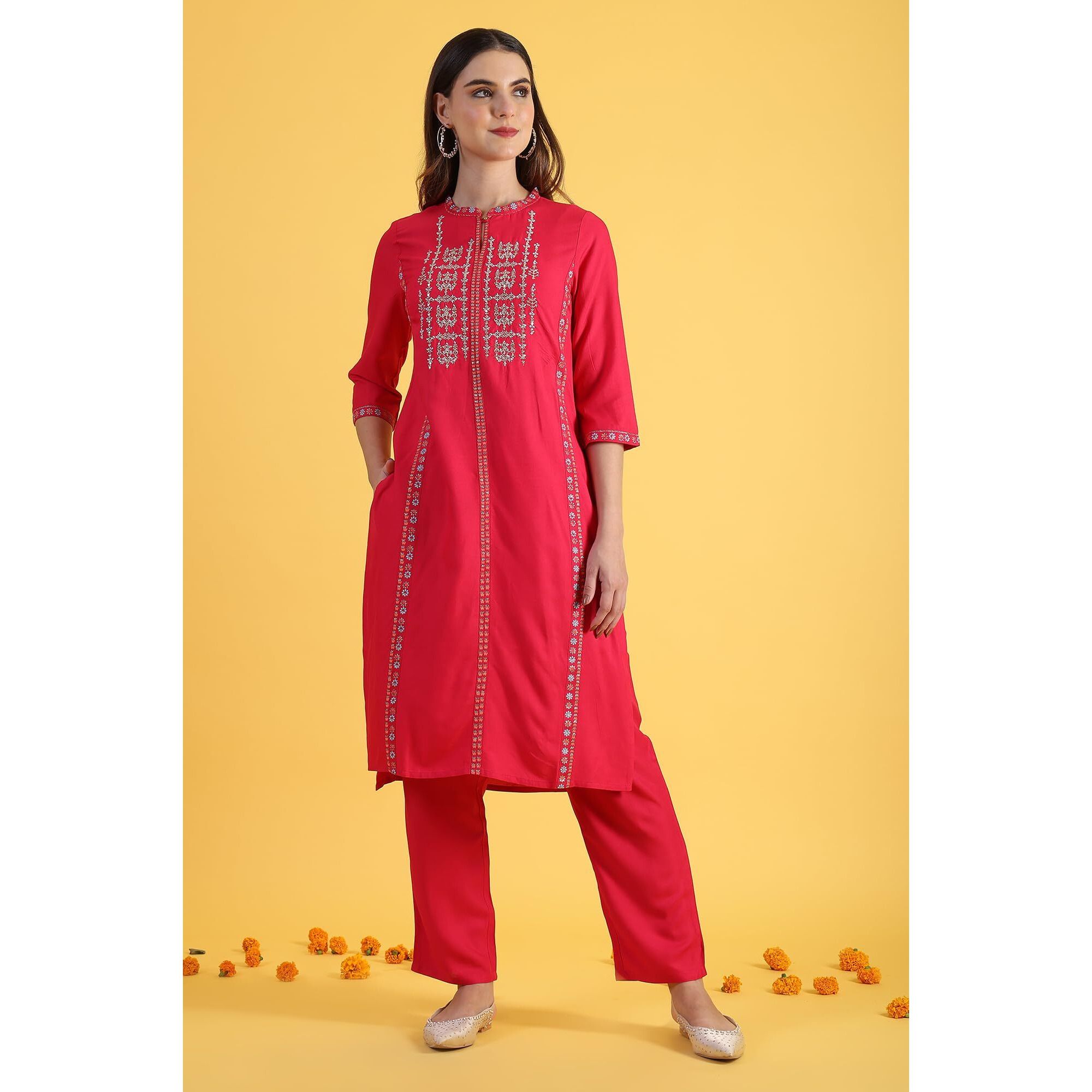 W for Woman Pink Glitter Printed Embroidered Straight Kurta (Size S)-W12307-117183