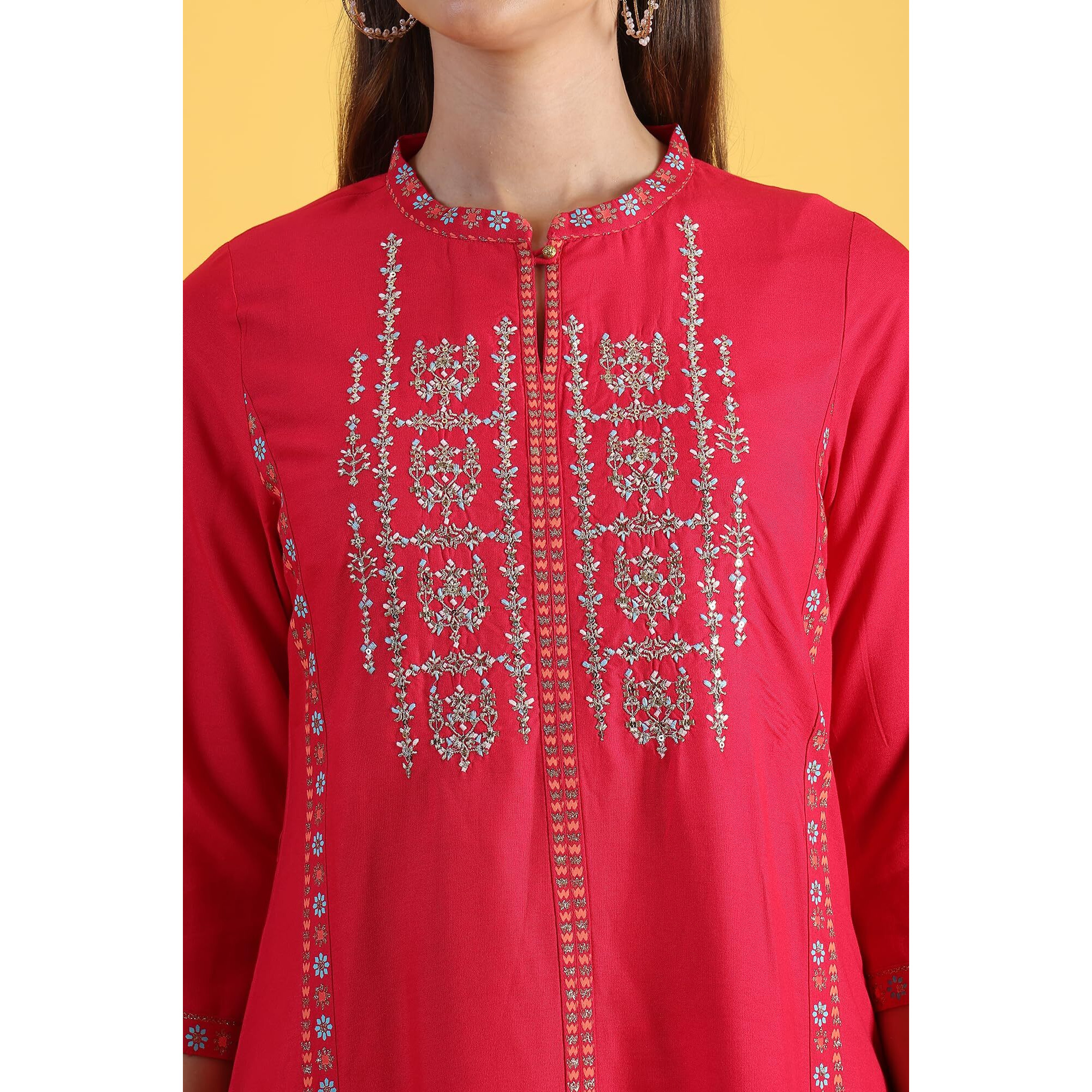 W for Woman Pink Glitter Printed Embroidered Straight Kurta (Size S)-W12307-117183