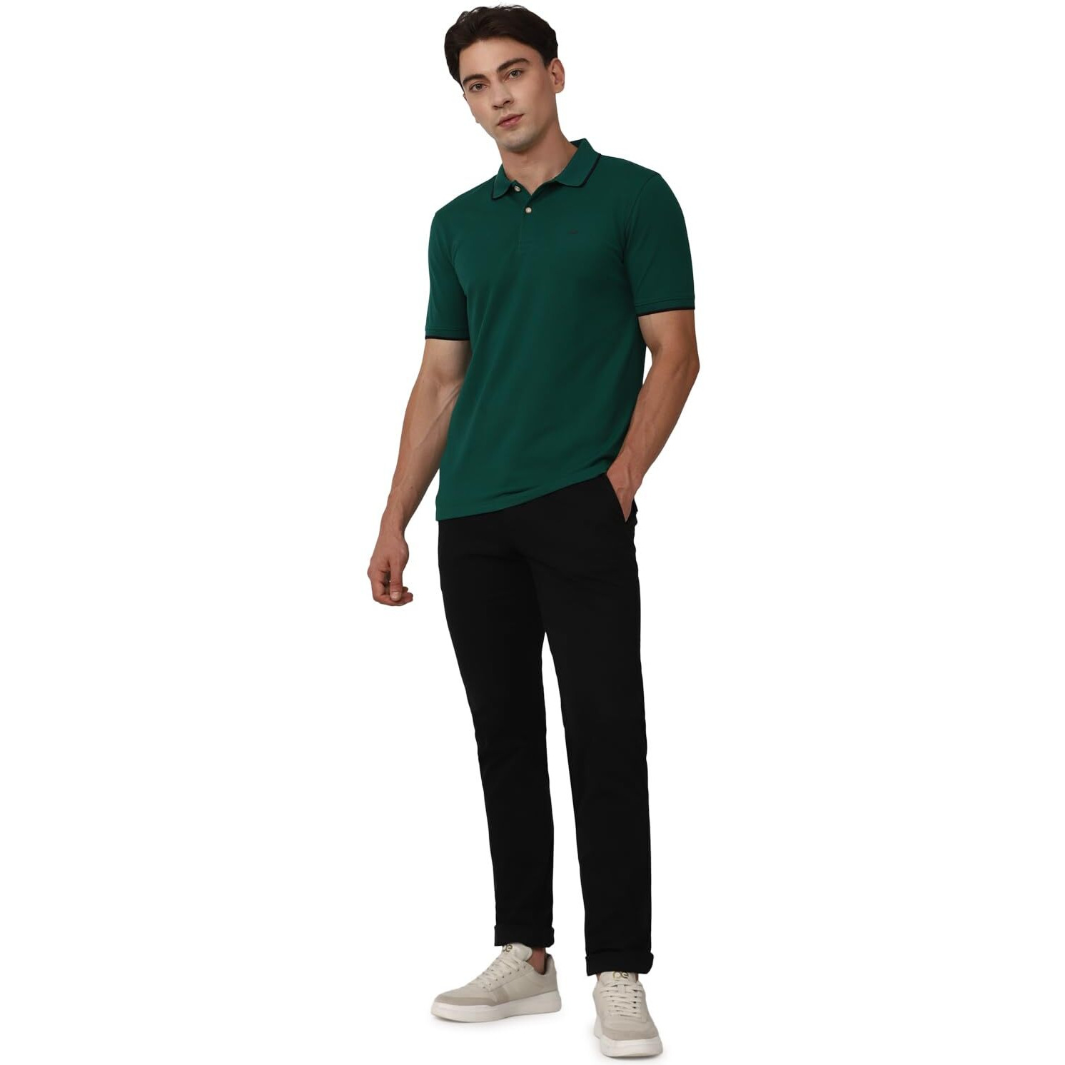 Peter England Men's Snug Fit Solid Polo T-Shirt with Coloured Collar Tipping| Cotton Rich| Premium Pique Weave Olive