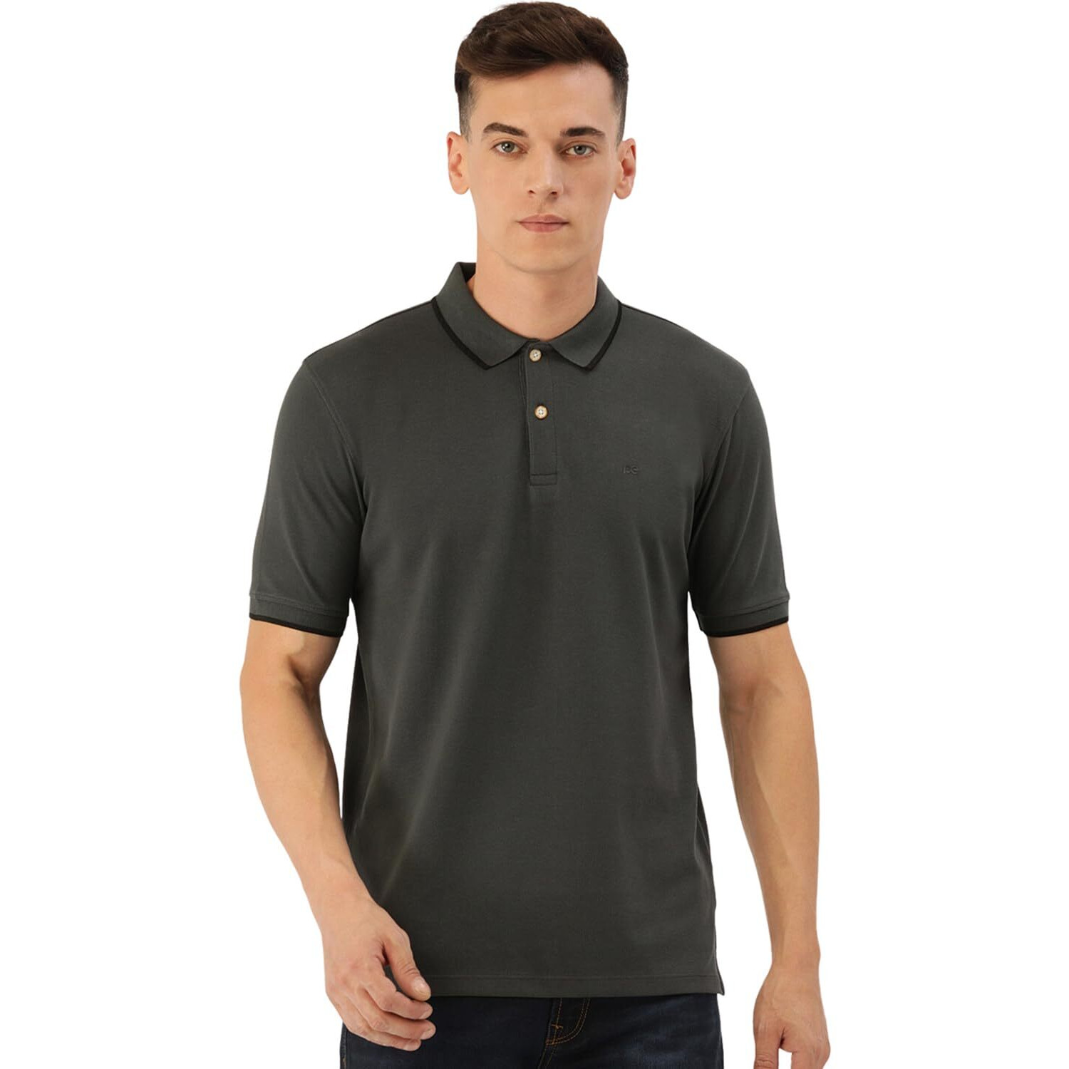 Peter England Men's Snug Fit Solid Polo T-Shirt with Coloured Collar Tipping| Cotton Rich| Premium Pique Weave Medium Grey