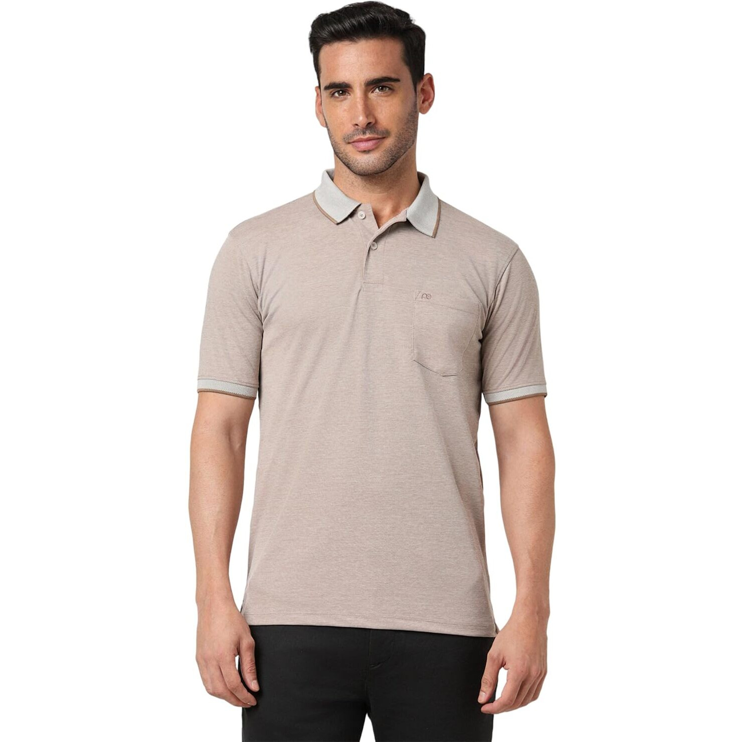 Peter England Men's Premium Branded Regular Fit Half Sleeve Polo T-Shirt with Pocket | Cotton Rich | Birds Eye Interlock Weave Beige