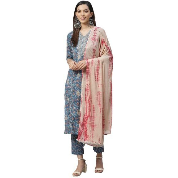 Yuris Women Blue Peach-Coloured Printed Kurta with Trousers Dupatta (2XL)