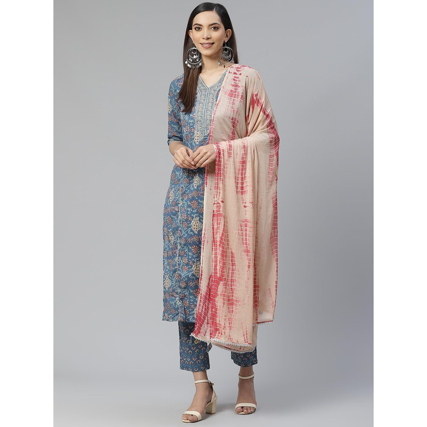Yuris Women Blue Peach-Coloured Printed Kurta with Trousers Dupatta (2XL)