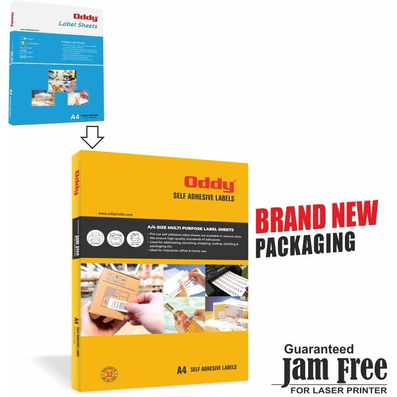 Oddy A4 Paper Label Stickers for Laser & Inkjet Printers | 65 Labels Per Sheet - Pack of 100 Sheets | for Shipping, Address, Folders, Industrial Use