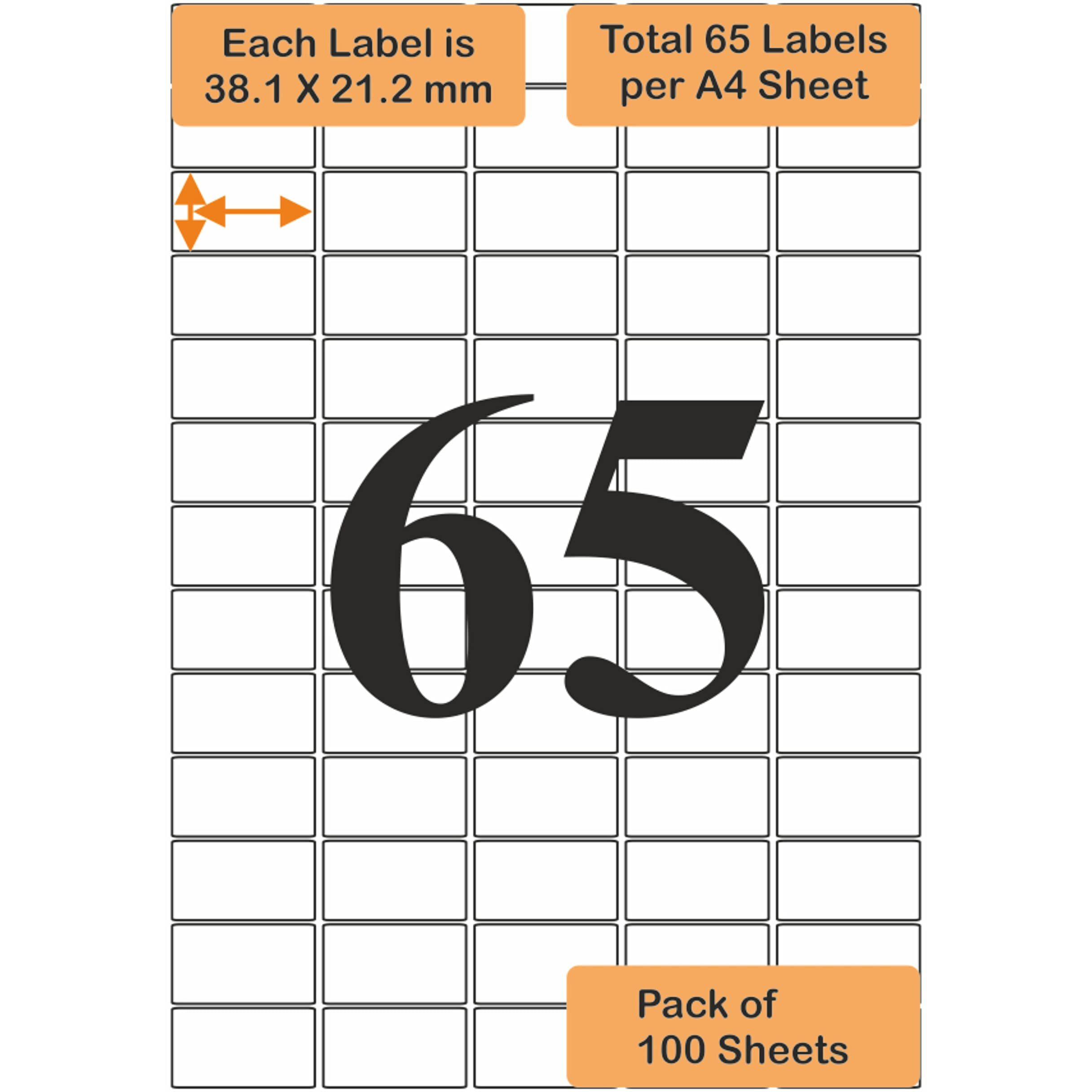 Oddy A4 Paper Label Stickers for Laser & Inkjet Printers | 65 Labels Per Sheet - Pack of 100 Sheets | for Shipping, Address, Folders, Industrial Use