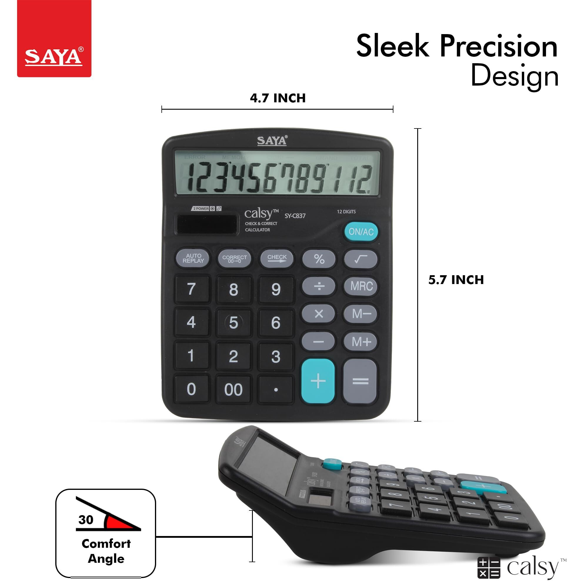 Saya Standard Desktop Calculator | 112 Steps Check | M+, M-, MRC Functions | Dual Power Solar & Battery | Large Button Layout | Auto Power Off | Ideal for Office, School & Business | 1-Year Warranty.