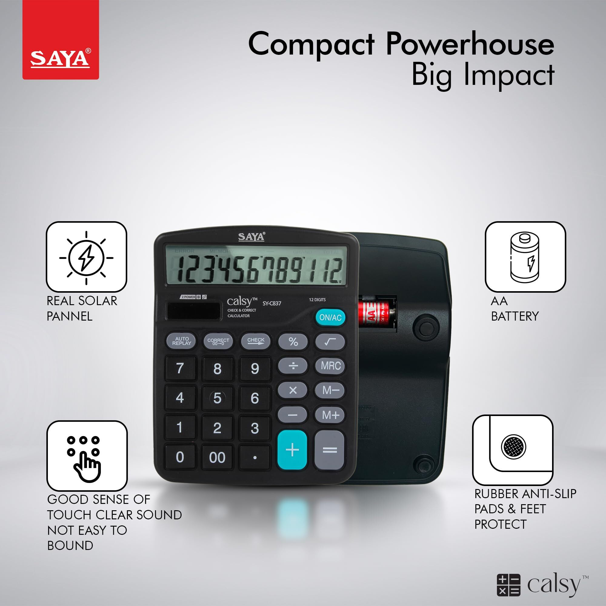 Saya Standard Desktop Calculator | 112 Steps Check | M+, M-, MRC Functions | Dual Power Solar & Battery | Large Button Layout | Auto Power Off | Ideal for Office, School & Business | 1-Year Warranty.