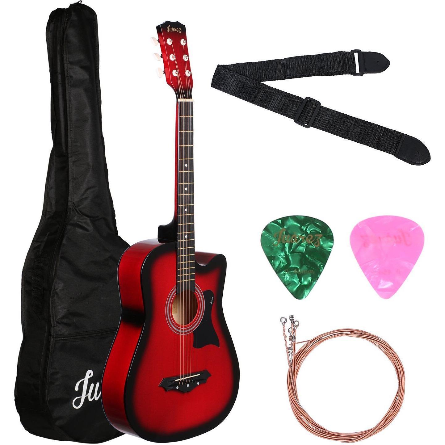 Jurez Acoustic Guitar, 38 Inch Cutaway, 038C with Bag, Strings, Pick and Strap, Black (Acoustic Guitar Kit, Red Sunburst)